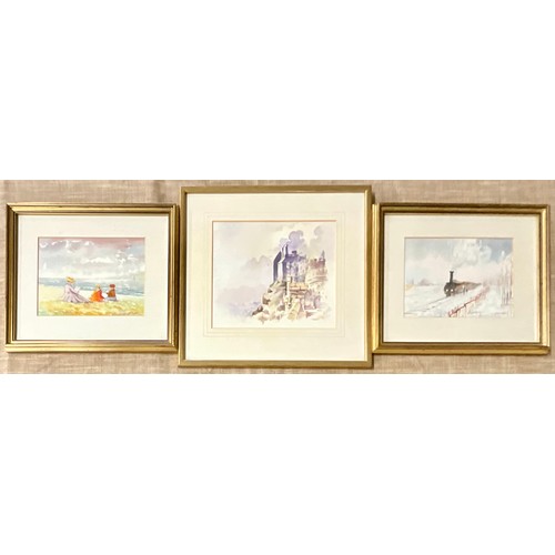 54 - THREE VARIOUS WATERCOLOURS DEPICTING TRAIN, BEACH SCENE AND RUINS