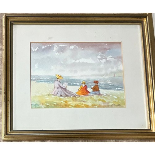 54 - THREE VARIOUS WATERCOLOURS DEPICTING TRAIN, BEACH SCENE AND RUINS