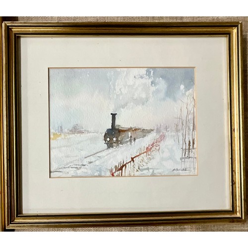 54 - THREE VARIOUS WATERCOLOURS DEPICTING TRAIN, BEACH SCENE AND RUINS