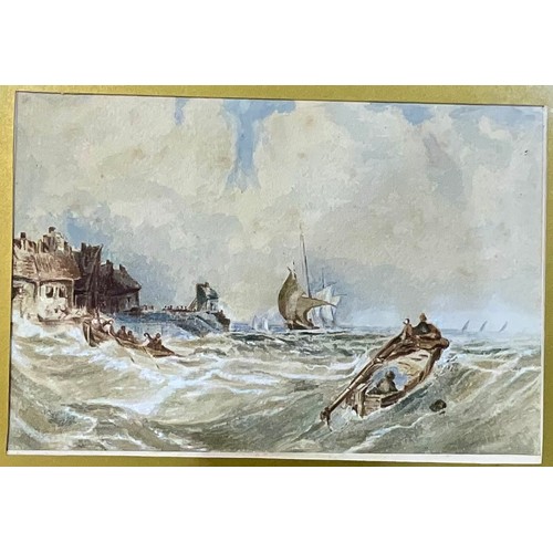 45 - 2 SIMILAR FRAMED WATERCOLOURS, 1 DEPICTING A COUPLE ON A STONE BRIDGE T/W A PORT SIDE ROUGH SEA