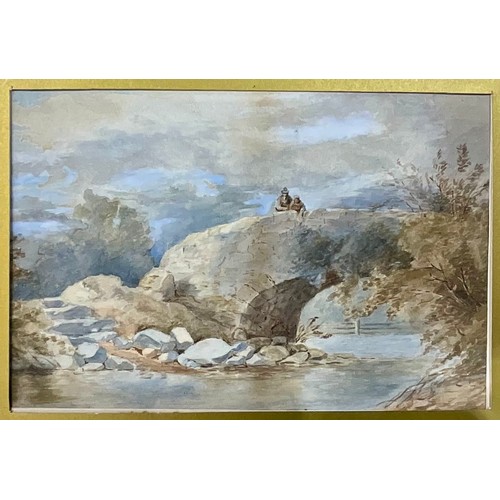 45 - 2 SIMILAR FRAMED WATERCOLOURS, 1 DEPICTING A COUPLE ON A STONE BRIDGE T/W A PORT SIDE ROUGH SEA