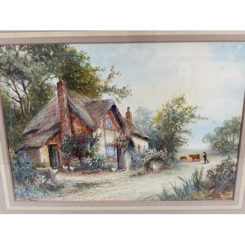 26 - WATER COLOUR DEPICTING THATCHED FARMYARD SCENE WITH SIGNATURE J HUGHES CLAYTON 52cm x 35cm