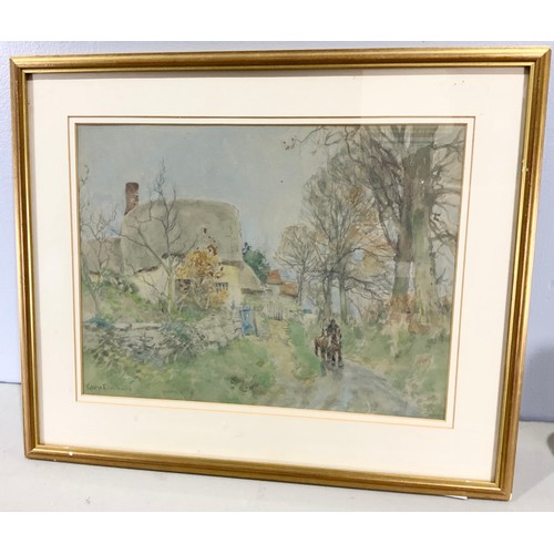 25 - GEORGE F. NICHOLLS, WATERCOLOUR DEPICTING VILLAGE SCENE WITH THATCHED COTTAGE, FIGURE AND HORSES, AP... 