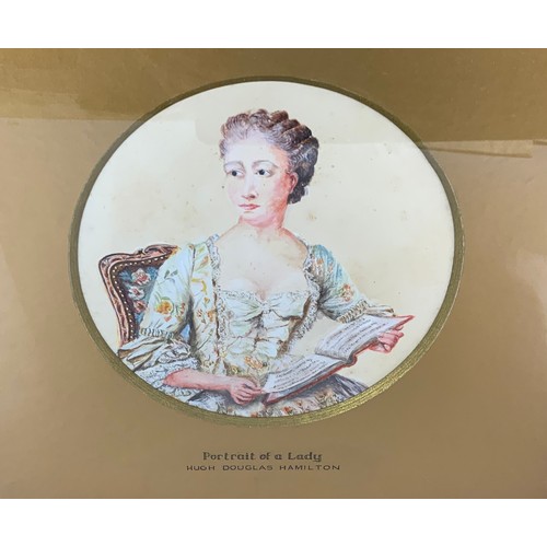 33 - WATERCOLOUR PORTRAIT OF A SEATED LADY, LABELLED VERSO HUGH DOUGLAS HAMILTON, APPROX. 12.5 cm dia.