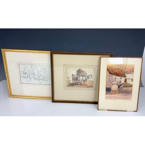 22 - W.ENDICOTT WATERCOLOUR ‘BEER FISHING VILLAGE’, SKETCH LABELLED E.W.COOKE RA AND A SMALL WATERCOLOUR ... 