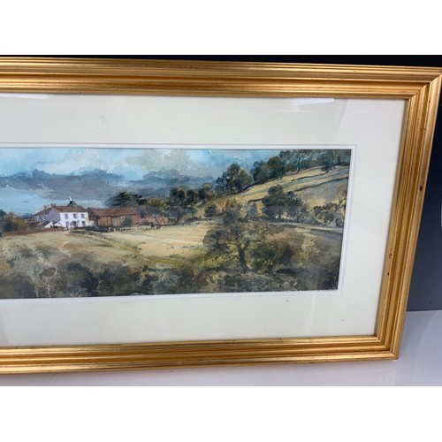 35 - DAVID BIRTWHISTLE, WATERCOLOUR ‘SOME HILLS AND A FARM’ Approx. 55 x 16 cm. Maybe subject to ARR