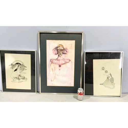 51 - WATERCOLOUR DEPICTING A CLOWN WITH MONOGRAM JRN AND 2 FRAMED SKETCHES