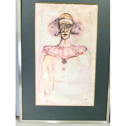 51 - WATERCOLOUR DEPICTING A CLOWN WITH MONOGRAM JRN AND 2 FRAMED SKETCHES