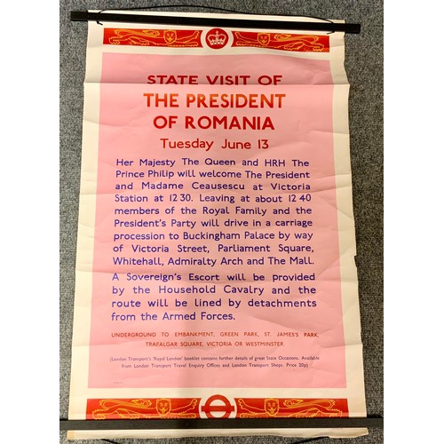 229 - LONDON TRANSPORT POSTER, STATE VISIT OF THE PRESIDENT OF ROMANIA, TUESDAY 13 JUNE  [1978], PRESIDENT... 