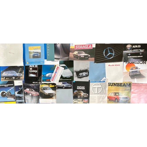 13 - BOX OF CAR BROCHURES, CHEVROLET, VOLVO, PEUGEOT, HONDA, DAIHATSU, A LARGE SELECTION OF ASSORTED MAKE... 