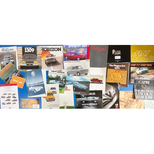 13 - BOX OF CAR BROCHURES, CHEVROLET, VOLVO, PEUGEOT, HONDA, DAIHATSU, A LARGE SELECTION OF ASSORTED MAKE... 