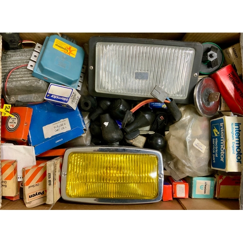 20 - THREE BOXES OF MIXED & ASSORTED CAR PARTS, LAMPS, LIGHTS, CLUSTERS, BULBS, HEAD LIGHTS ETC. A MIXED ... 