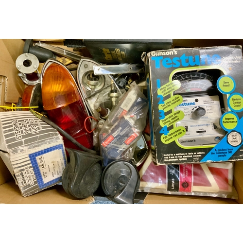 20 - THREE BOXES OF MIXED & ASSORTED CAR PARTS, LAMPS, LIGHTS, CLUSTERS, BULBS, HEAD LIGHTS ETC. A MIXED ... 