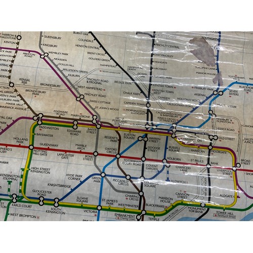 230 - LONDON TRANSPORT, TWO LARGE LINE MAPS, APPROX 126 X 97 CM, APPEAR AS USED CONDITION, A PLASTIC FRONT... 