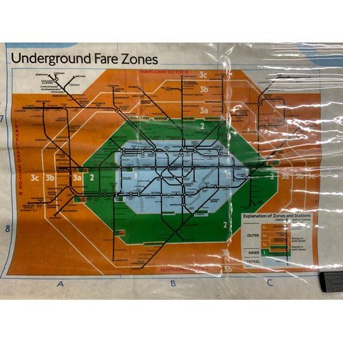 230 - LONDON TRANSPORT, TWO LARGE LINE MAPS, APPROX 126 X 97 CM, APPEAR AS USED CONDITION, A PLASTIC FRONT... 