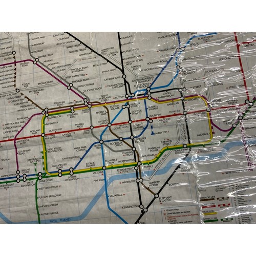 230 - LONDON TRANSPORT, TWO LARGE LINE MAPS, APPROX 126 X 97 CM, APPEAR AS USED CONDITION, A PLASTIC FRONT... 