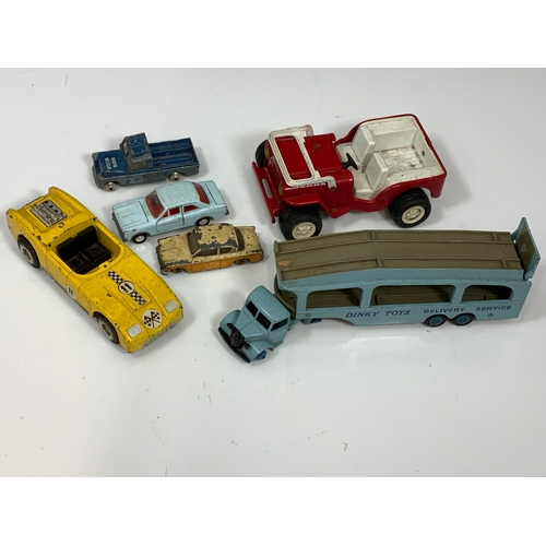 148 - DINKY SUPERTOY, PULLMORE CAR TRANSPORTER, 582, BUFF TOP. TRIANG TIN SPORTS CAR 11 TULIP,  FORD ESCOR... 