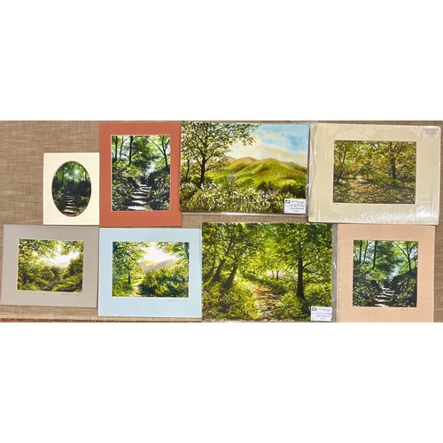 58 - TWO UNFRAMED WATERCOLOURS T/W SIX UNFRAMED LTD. ED. PRINTS OF WOODED TRAILS BY LOCAL MALVERN ARTIST ... 