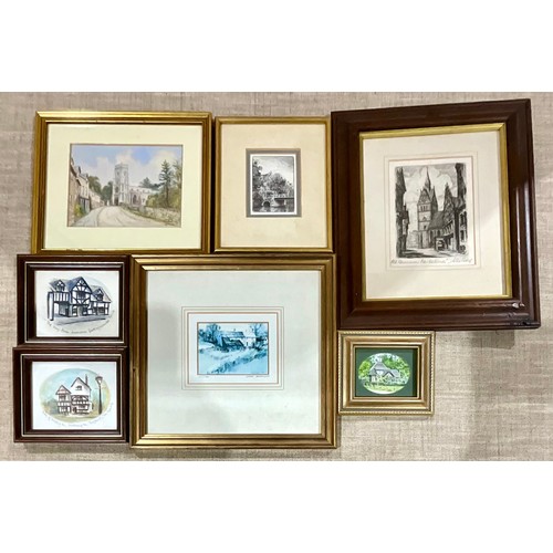 60 - COLLECTION OF MINIATURE FRAMED WATERCOLOURS, ETCHINGS AND NUMBERED PRINTS DEPICTING OLD BUILDINGS AN... 