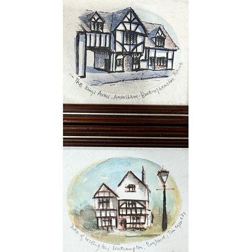 60 - COLLECTION OF MINIATURE FRAMED WATERCOLOURS, ETCHINGS AND NUMBERED PRINTS DEPICTING OLD BUILDINGS AN... 