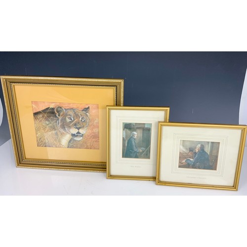 61 - WATERCOLOUR DEPICTING A LIONESS SIGNED M.HOBBS, FORMER ROYAL WORCESTER PORCELAIN ARTIST AND 2 PRINTS... 