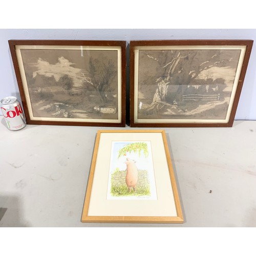 82 - PR. FRAMED HUMOROUS CAT PRINTS, WATERCOLOUR OF A PIG AND 2 SKETCHES