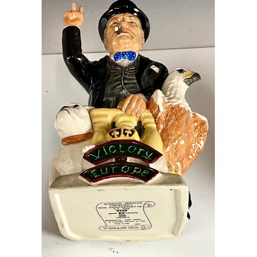 179 - LTD ED. WINSTON THE ARTIST FIGURE, VE DAY ANNIVERSARY JUG, KIRKLANDS JUG, WOOD POTTERS TOBY JUG, SAL... 