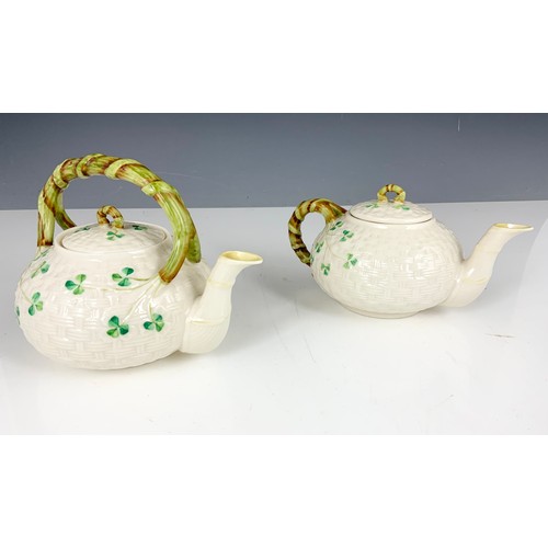 188 - 2 BELLEEK BASKET WEAVE WITH SHAMROCK PATTERN TEAPOTS