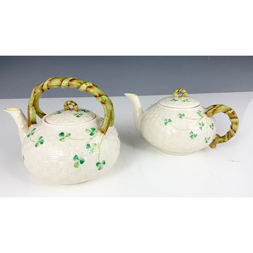 188 - 2 BELLEEK BASKET WEAVE WITH SHAMROCK PATTERN TEAPOTS