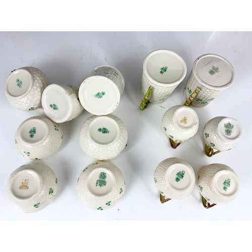 189 - COLLECTION OF BELLEEK BASKET WEAVE WITH SHAMROCK PATTERN JUGS, DISHES BOWLS ETC