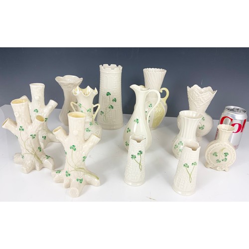 191 - COLLECTION OF BELLEEK PORCELAIN IN THE SHAMROCK PATTERN CASTLE VASE 20cm TALL