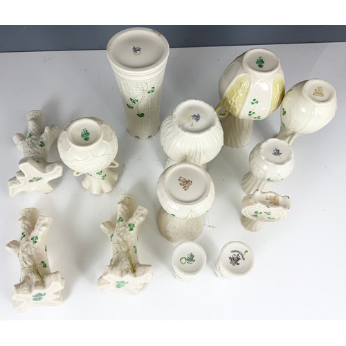 191 - COLLECTION OF BELLEEK PORCELAIN IN THE SHAMROCK PATTERN CASTLE VASE 20cm TALL