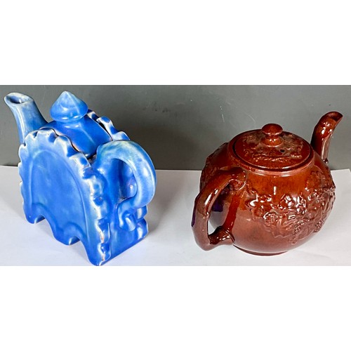 243 - SMALL BLUE TEAPOT C.H. BRANNAM CIRCA 1900 T/W WATCOMBE POTTERY BROWN TEAPOT CIRCA 1890