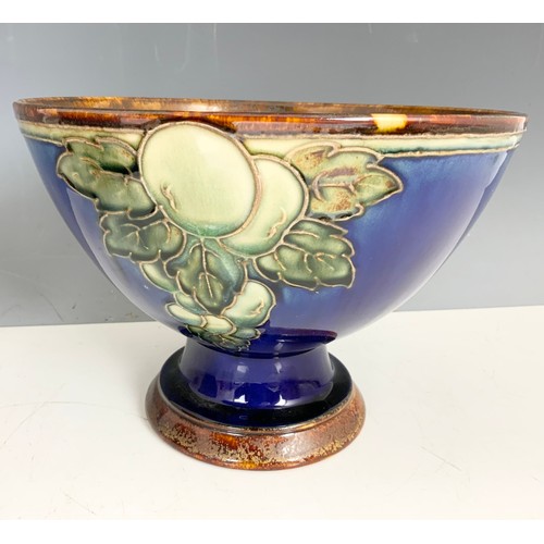 234 - ROYAL DOLTON PEDESTAL BOWL & LARGE GLOBULAR VASE  TUBE LINED DECORATION ON BLUE GROUND