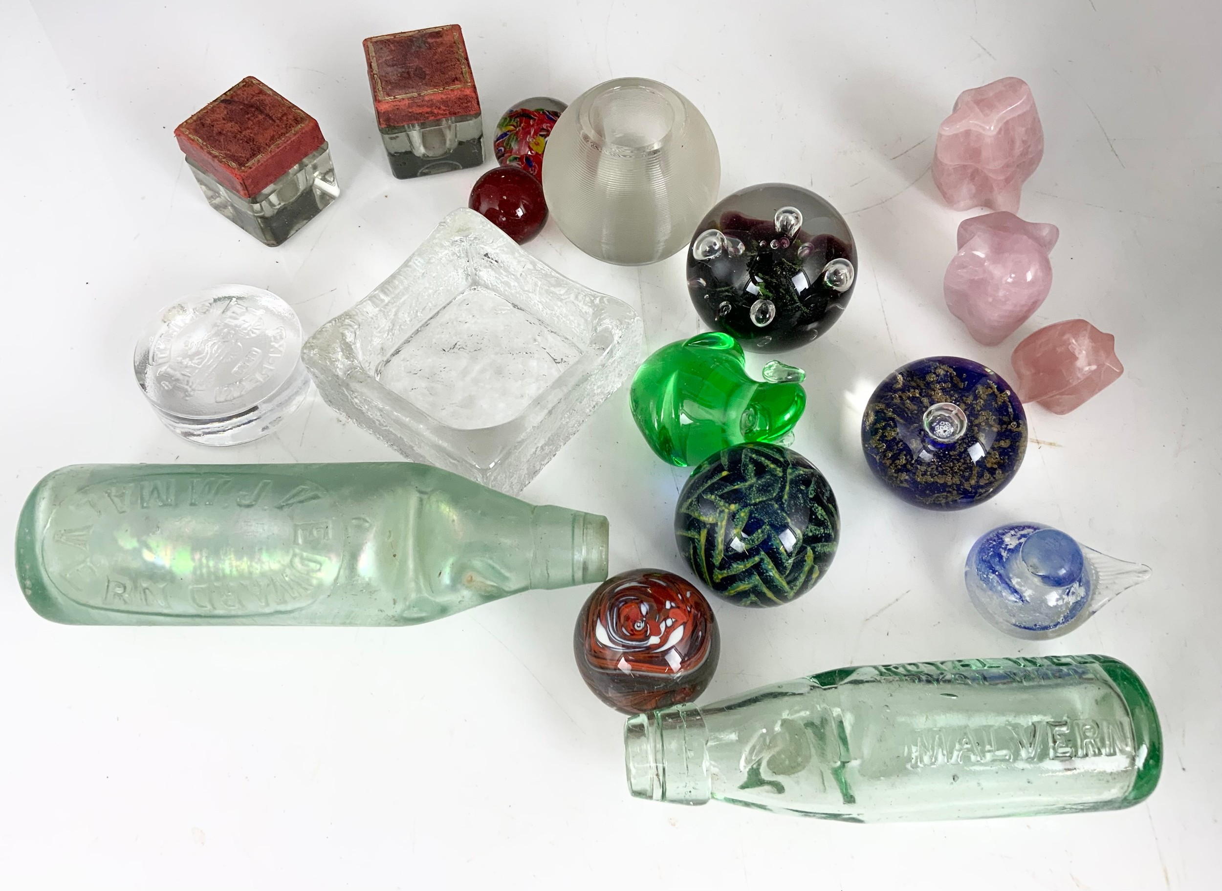 MIXED GLASSWARE INC ART GLASS, MALVERN BOTTLES , PAPERWEIGHTS ETC