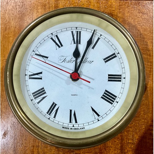 284 - A FOSTER CALLEAR QUARTZ CLOCK AND BAROMETER MOUNTED ON WOODEN WALL PLAQUE