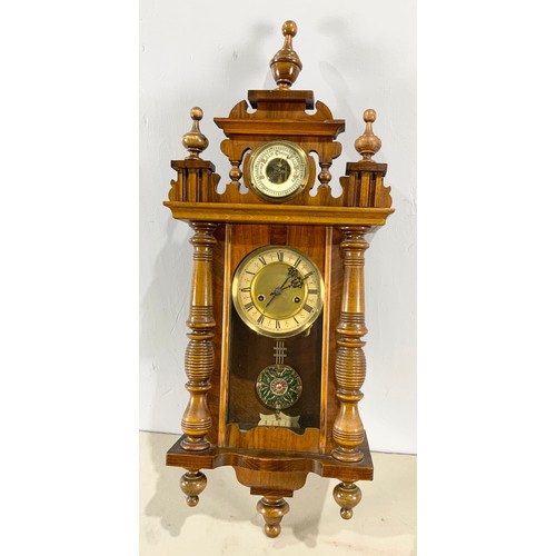 285 - UNUSUAL MAHOGANY  WALL CLOCK WITH BAROMETER 82cm LONG