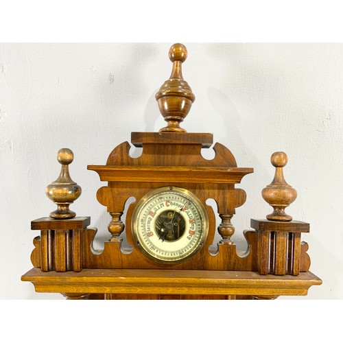 285 - UNUSUAL MAHOGANY  WALL CLOCK WITH BAROMETER 82cm LONG