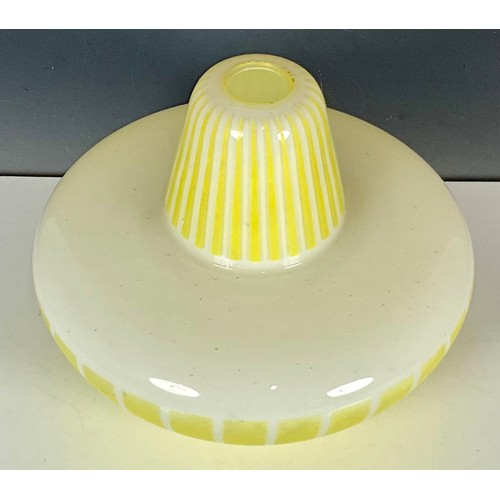 297 - RETRO 1950s WHITE GLASS CEILING LIGHT SHADE WITH YELLOW STRIPES