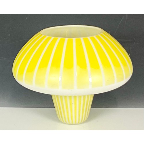 297 - RETRO 1950s WHITE GLASS CEILING LIGHT SHADE WITH YELLOW STRIPES