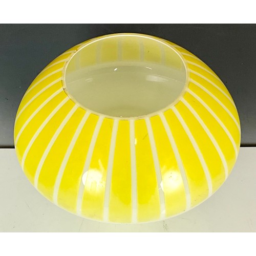 297 - RETRO 1950s WHITE GLASS CEILING LIGHT SHADE WITH YELLOW STRIPES