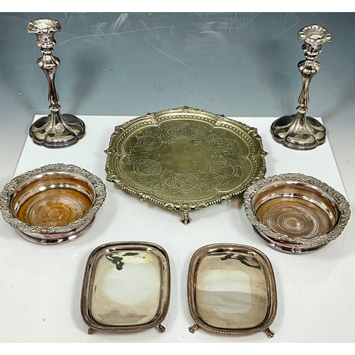 304 - PAIR OF SHEFFIELD PLATE BOTTLE COASTERS TOGETHER WITH PAIR OF PLATED CANDLESTICKS AND A GALLERIED TR... 