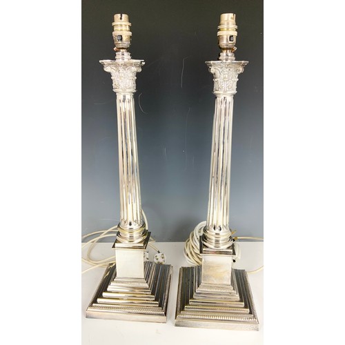 293 - PAIR OF VERY LARGE IMPRESSIVE CORINTHIAN COLUMN SILVER PLATED TABLE LAMPS 56cm TALL