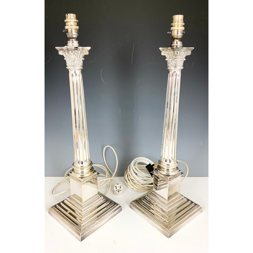 293 - PAIR OF VERY LARGE IMPRESSIVE CORINTHIAN COLUMN SILVER PLATED TABLE LAMPS 56cm TALL