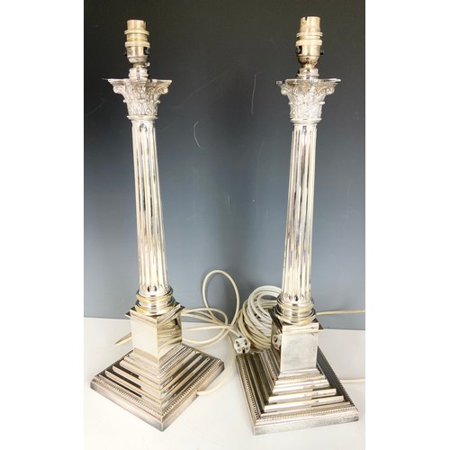 293 - PAIR OF VERY LARGE IMPRESSIVE CORINTHIAN COLUMN SILVER PLATED TABLE LAMPS 56cm TALL