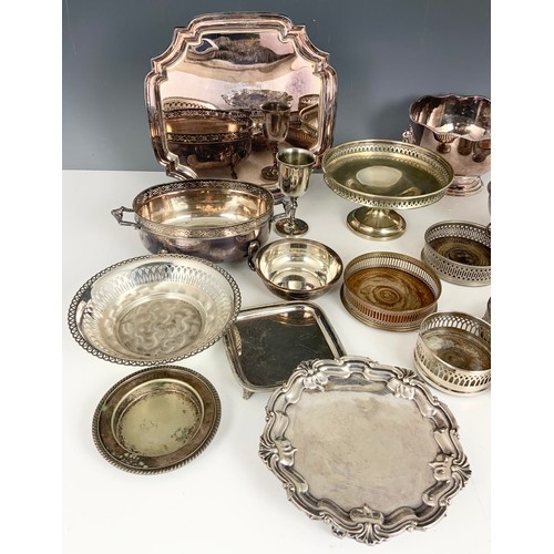 309 - SILVER PLATEDWARE INC PEDESTAL BOWL , BOTTLE COASTERS CARD TRAYS ETC