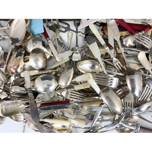 303 - LARGE QUANITY OF MIXED CUTLERY , SILVER PLATED , SOUVENIR SPOONS ETC