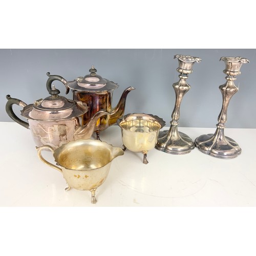 311 - MAPPIN & WEBB 4 PIECE SILVER PLATED TEASET, PAIR OF GOOD QUALITY  22cm TALL CANDLESTICKS, SERVIETTE ... 