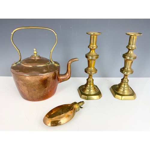 321 - PAIR OF BRASS CANDLESTICKS 26cm TALL,  A COPPER KETTLE AND A POWDER FLASK