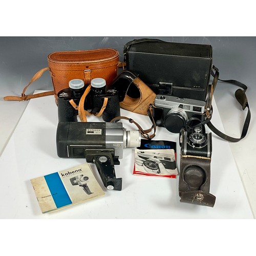 416 - VINTAGE KOBENA MOVIE CAMERA, RONDINE AND CANON CAMERAS T/W ALOMA BINOCULARS